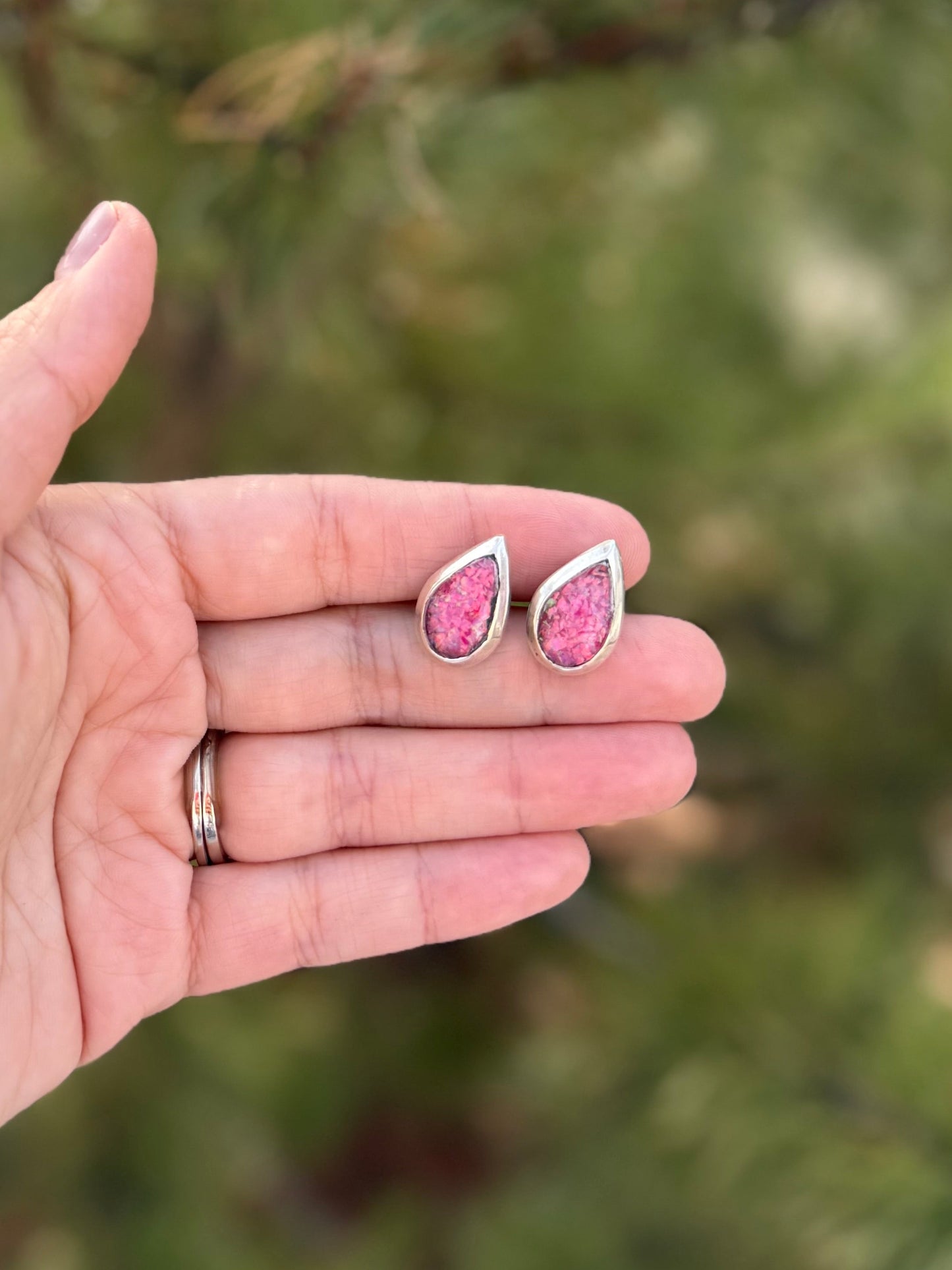 Pink Opal Teardrop Stud Earrings | Sterling Silver
