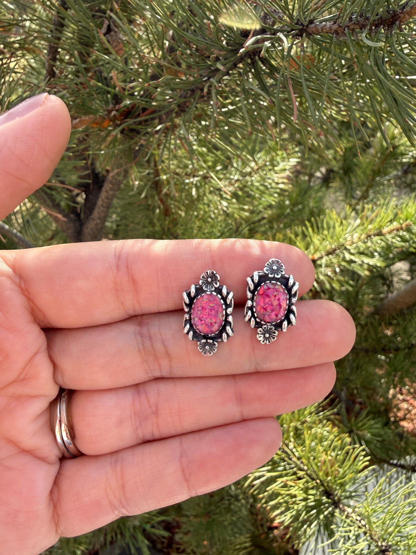 Pink Opal Floral Studs | Sterling Silver