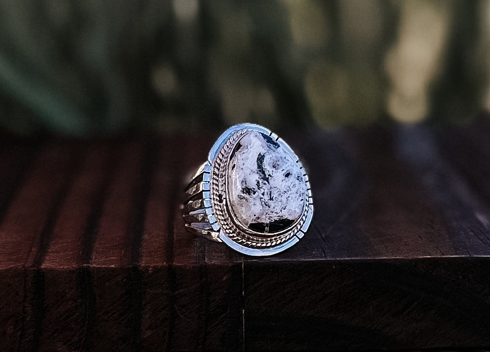 White Buffalo & Sterling Silver Ring by Linda Johnson - size 8