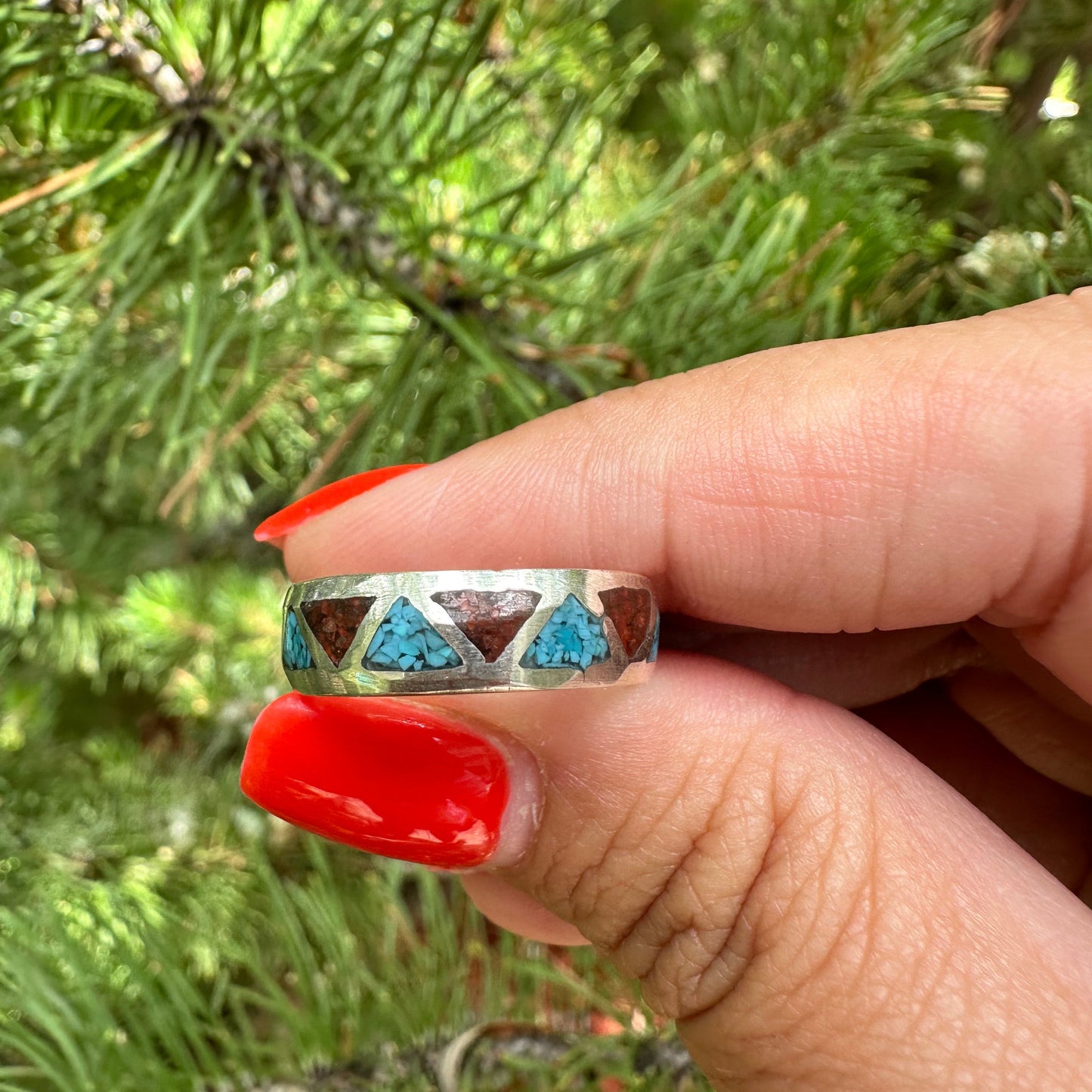 Sterling Silver Turquoise + Coral Inlay Band