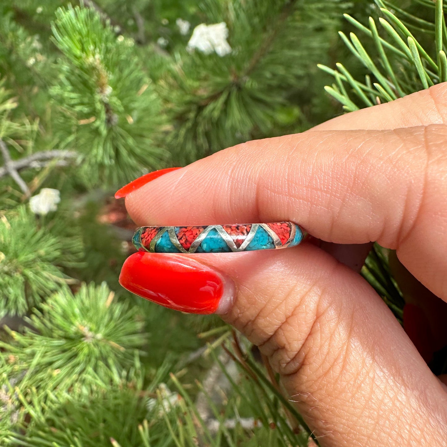 Sterling Silver Turquoise & Coral Chip Inlay Band