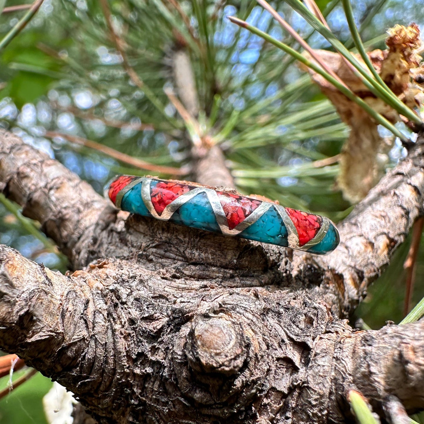 Sterling Silver Turquoise & Coral Chip Inlay Band