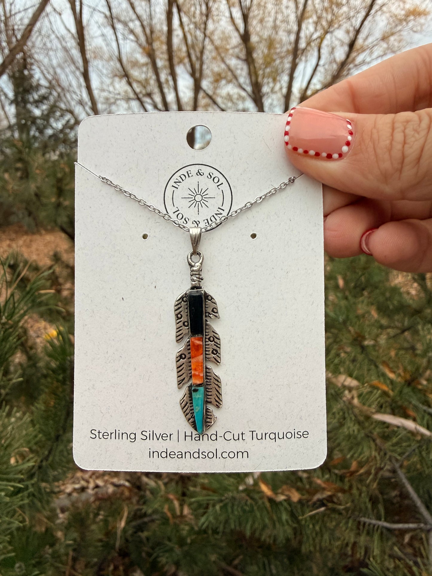 Acoma Jet, Spiny Oyster & Turquoise Sterling Silver Feather Necklace