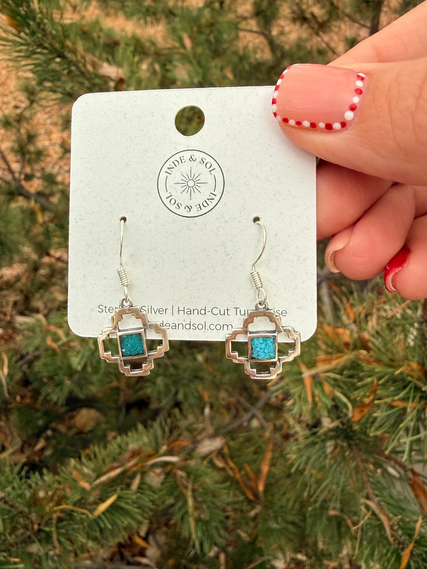 Turquoise Chip Zia Symbol Dangle Earrings