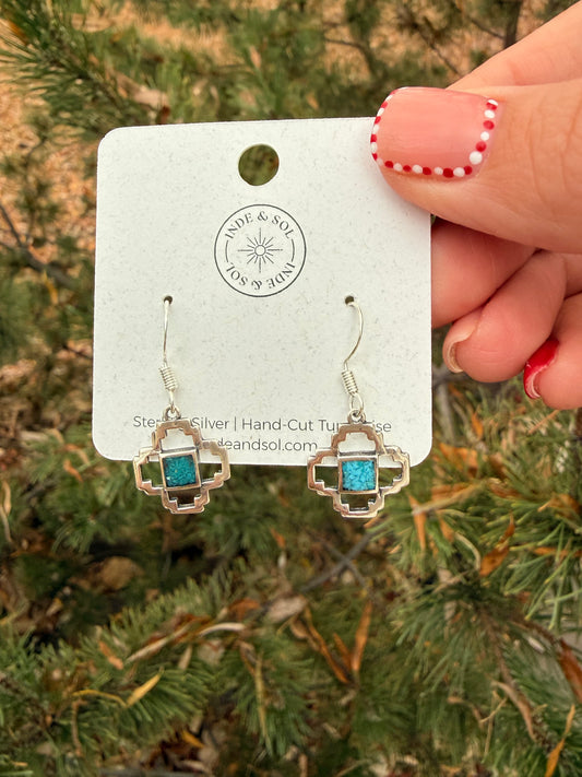 Turquoise Chip Zia Symbol Dangle Earrings