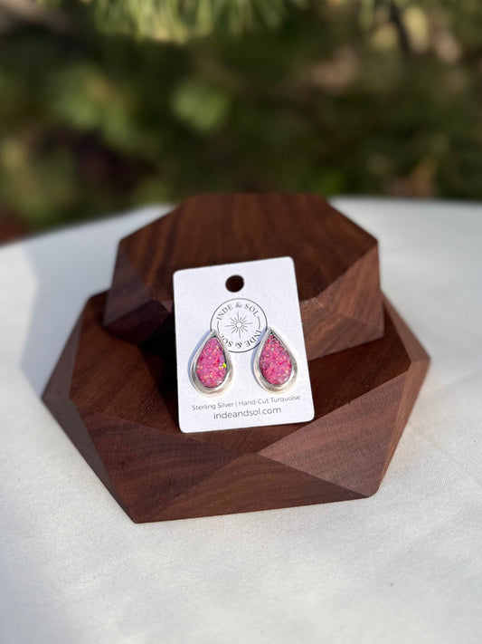 Pink Opal Teardrop Stud Earrings | Sterling Silver