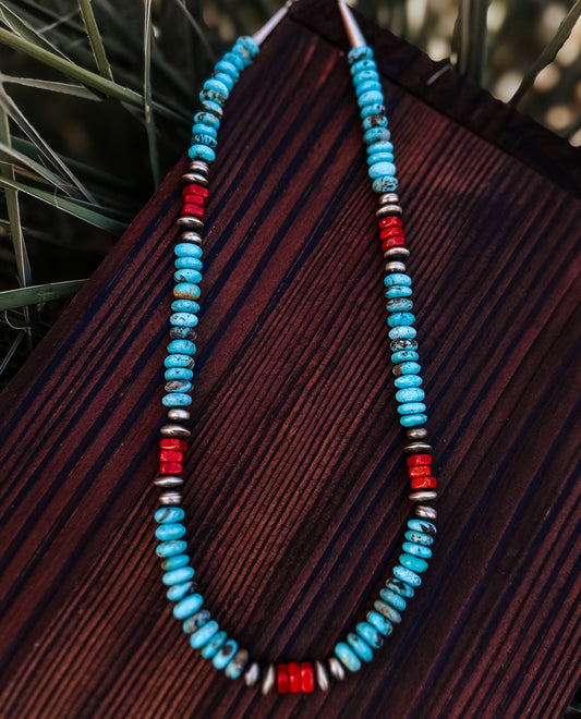 Kingman Turquoise, Coral & Navajo Pearl Necklace