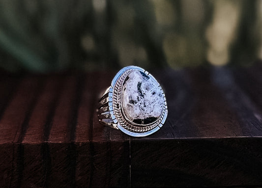 White Buffalo & Sterling Silver Ring by Linda Johnson  - size 8