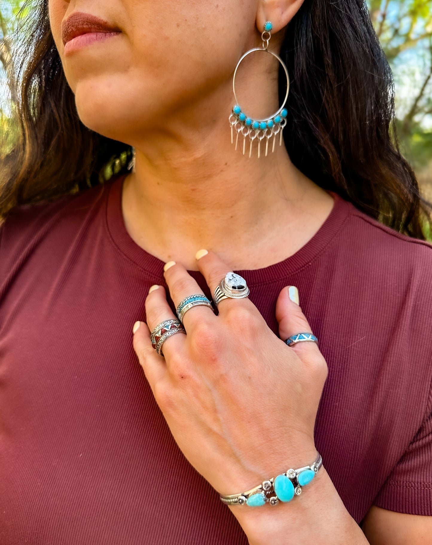 Large Zuni Turquoise Hoop Earrings by Martin Vacit