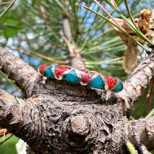 Sterling Silver Turquoise & Coral Chip Inlay Band